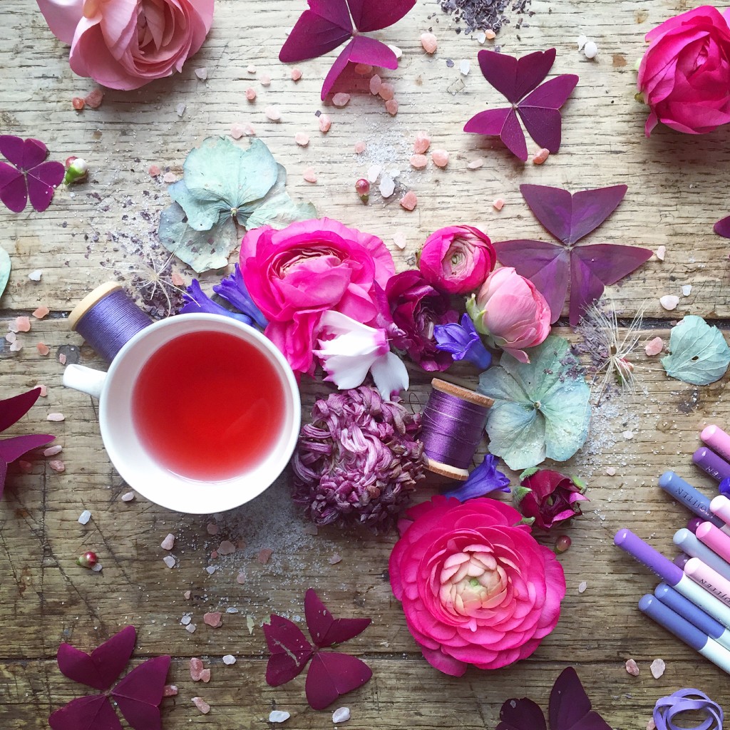 Pink flowers flat lay